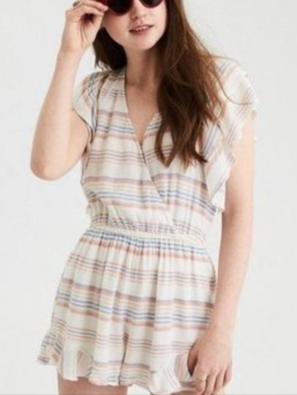 American Eagle Outfitters Cream Blue Peach Stripes Ruffle Romper Size SM Long